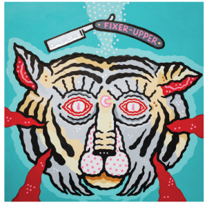 Painting of a cut-off tiger head, floating to the bottom of the sea